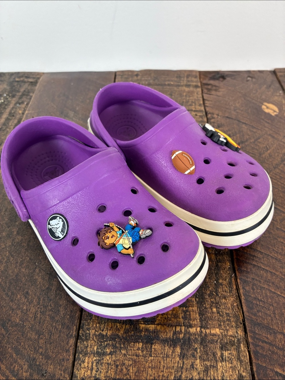 CROCS Kids Purple Slip-On Clogs 8/9 with Charms Diego Mickey Heel Strap